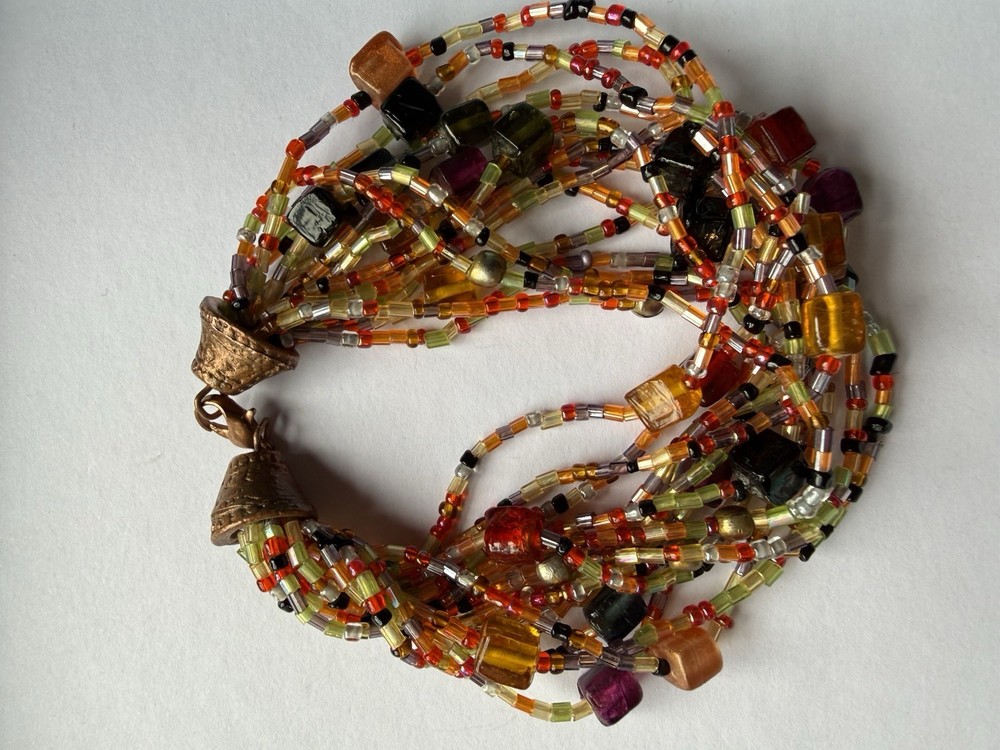 Handcrafted Multistrand Glass Beaded Bracelet Copper Tone Clasp Boho 8”