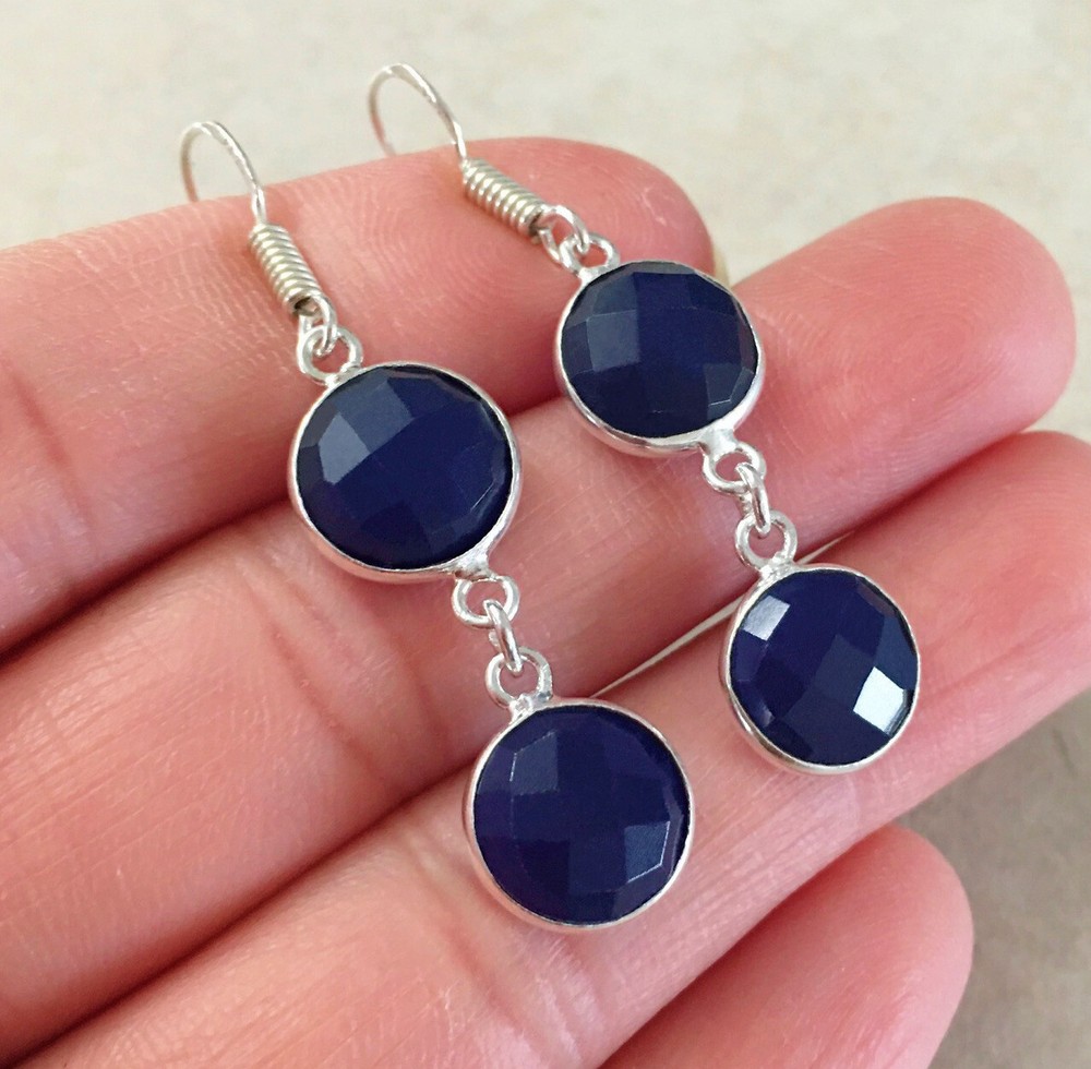 NATURAL ROUND BLUE SAPPHIRE 925 STERLING SILVER DANGLE HOOK EARRINGS 1.75”