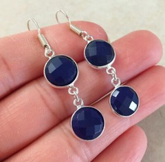 NATURAL ROUND BLUE SAPPHIRE 925 STERLING SILVER DANGLE HOOK EARRINGS 1.75”