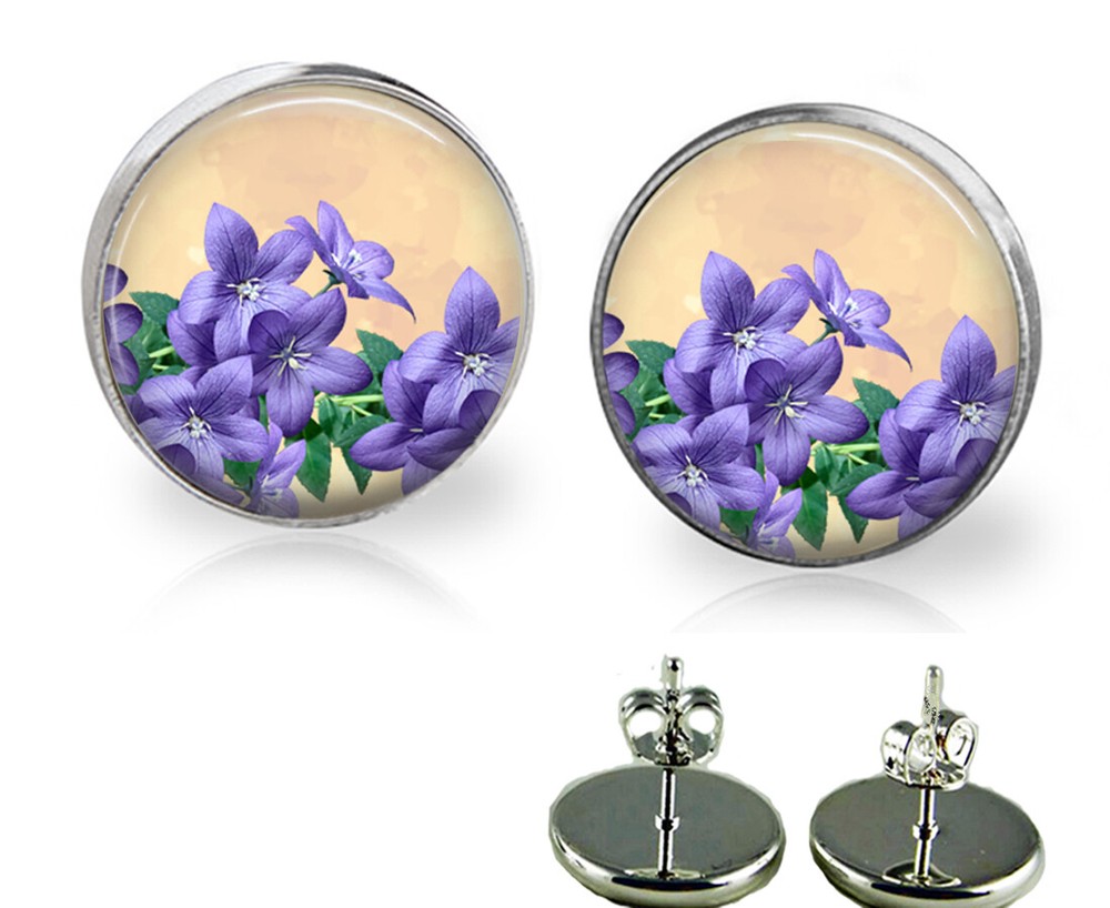 Violet Campanula Flowers Glass Top Stud Earrings 2 Sizes Handcrafted Gift