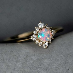 Petite Opal Diamond Halo Engagement Ring 14K Yellow Gold