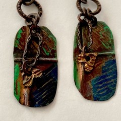 Handmade Drop Earrings Copper Fold Formed Hammered Fired Hearts Rustic Patina