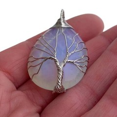 Handmade Tree of Life Opalite Pendant Silver Plated Wire Wrap Reiki Gift