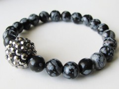Stretchy Bracelet Snowflake Obsidian Natural Gemstone Black Grey Silver Stone