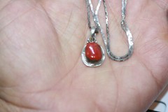 Estate Mexican 925 Silver Coral Jasper Pendant Necklace 45 CM 18″ HeShe Chain