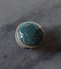 Two Color Two Sided Tibetan Turquoise Coral Bead Silver Repousse 18x15mm CC215