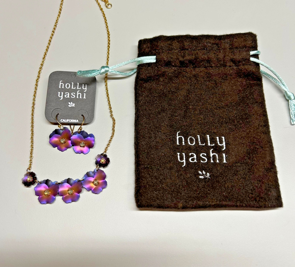 Holly Yashi Niobium 5 Pansy Necklace & Earrings Vintage Gold Tone Set w Bag Nice