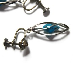 Vintage MCM Turquoise Birdcage Screw Back Earrings Caged Stone Drop Silver Tone