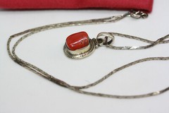 Estate Mexican 925 Silver Coral Jasper Pendant Necklace 45 CM 18″ HeShe Chain
