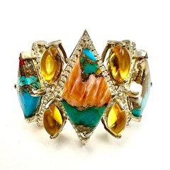 925 Sterling Silver Spiny Oyster Turquoise Citrine Statement Ring Size 9.75 8.7g