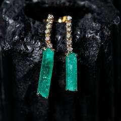 Colombian Raw Emerald Diamond Drop Earrings in 14K Yellow Gold