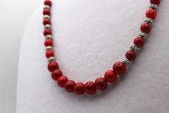 Handcrafted 22″ red glass beads with silver plated spacers necklace