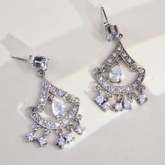 925 Sterling Silver Cluster CZ Chandelier Earrings, Teardrop Wedding Dangles