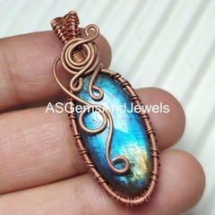 Wire Wrapped Labradorite Copper Pendant Necklace: Handmade Boho Jewelry 30×60 mm
