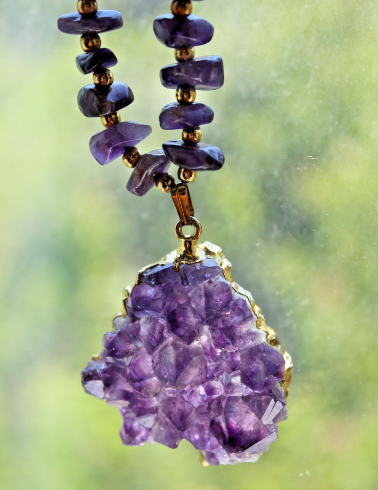 Natural Raw Amethyst Druzy Pendant Chip Bead Necklace Purple Crystal Statement