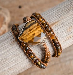 Boho Tiger’s Eye Stone Heart & Beaded 3-Layer Adjustable Rope Wrap Bracelet