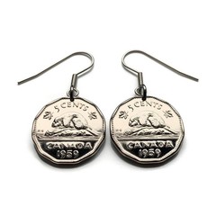 1959 Canada 5 C coin earrings Canadian beaver maple Ottawa Toronto Quebec 000705