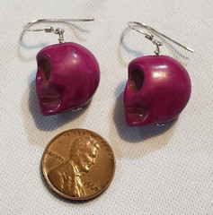 Halloween Skull Purple Charm Pierced Earrings Sterling Silver .925 Hooks