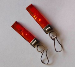 High-quality, ultramodern, handmade silver & reddish brown amber earrings-2.5″ L