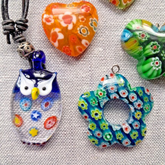 Murano Millefiori Glass Pendants Lot of 5 Multi Color owl butterfly hearts