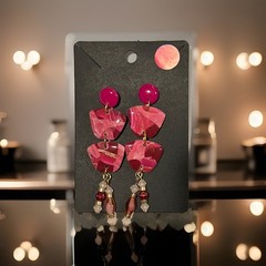 Handmade epoxy resin dangle earrings. RED/PINK. EAR122