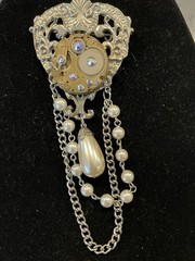 Steampunk OOAK Brooch Pin Clock Parts Rhinestone Dangle 4” long Goth