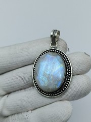 Blue Fire Moonstone Silver Pendant Necklace-NaturalWhite Rainbow Faceted Pendant