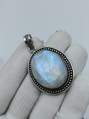 Blue Fire Moonstone Silver Pendant Necklace-NaturalWhite Rainbow Faceted Pendant