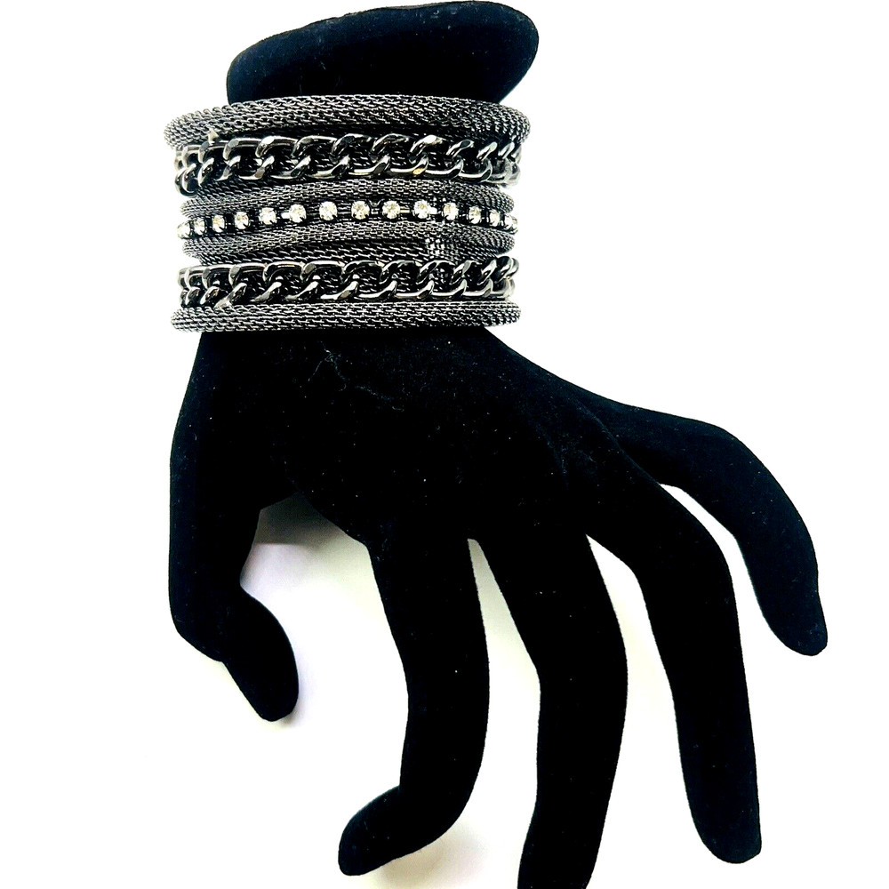 Gunmetal Cuff Bracelet With Rhinestones Metal Mesh Curb Link Chain Punk Preowned