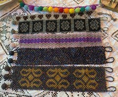 6 Vintage Hand Glass Beaded Mesh Bracelet Lot Assorted Colors Iridescent, Purple