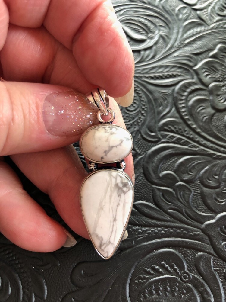 White Buffalo Turquoise Howlite Dainty Totem Pendant Shadow Bezel 2″