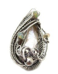White Pearl Pendant with Ethiopian Opals, Wire-Wrapped in Sterling Silver
