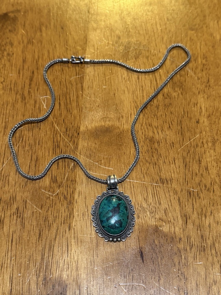 Vintage 950 Silver Chrysocolla Green Stone Pendant Necklace 20.5” Estate Jewelry