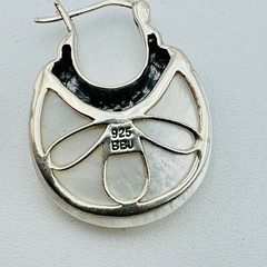 Sterling Silver Mother of Pearl Marcasite Hoop Earrings Signed BBJ