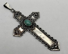 950 Sterling Silver Oxidized & Turquoise Cross Pendant (4.7g)
