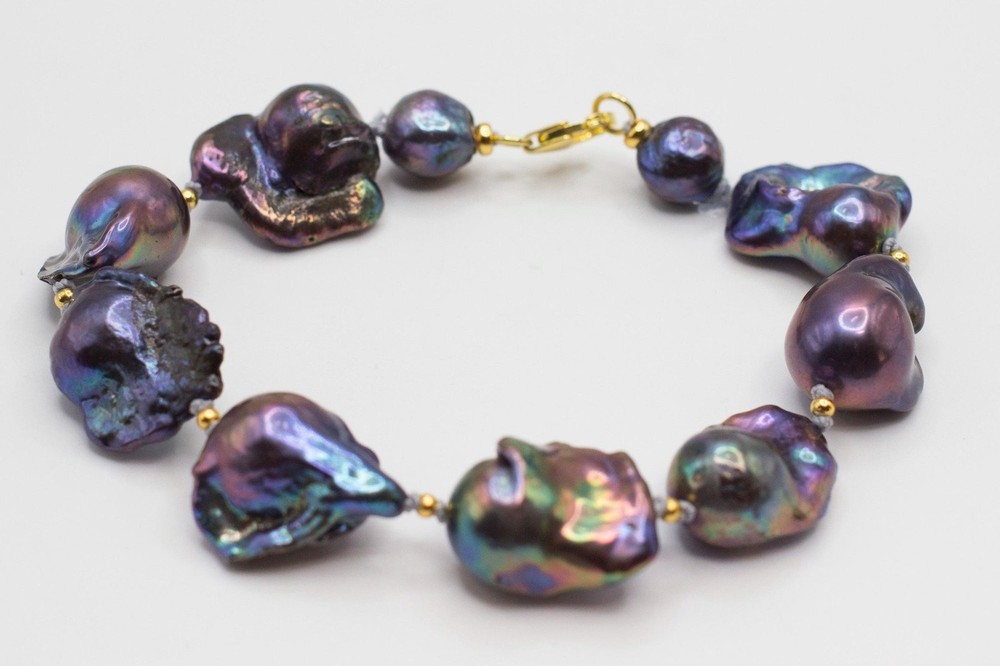 Black Baroque Pearl Bracelet, Handknotted 925 Sterling Silver Gold Plated