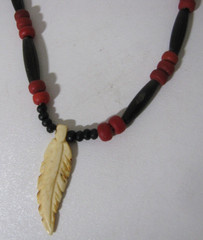 VTG Lot of 2 Chunky Wood Bead long Necklace Brown/black/red bone-feather-pendent