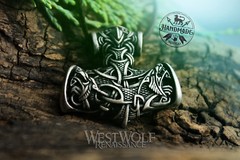 Viking Mjolnir Hammer Pendant with Odin’s Wolves — Norse/Thor/Raven/Silver/Wolf