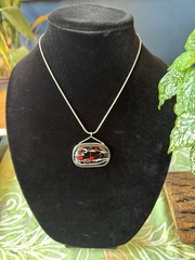 Handmade Fused Glass Pendant Necklace Abstract Art Glass Red Black Silver Tone