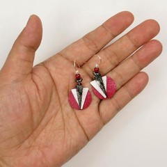 Adajio Earrings Hematite and White Triangles Over Red Disc Handmade in USA 7658