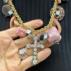 Adorned Crown Jewelry assemblage pink rhinestone cross charm necklace