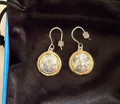 Two Tone Sterling Silver & 14K Gold Over Silver Roman Glass Dangle Earrings NEW