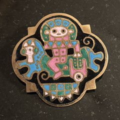 Gold Tone Brass Multicolor Enamel Inlay Native & Animal Motif Brooch Pin Vintage