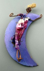 Vintage Brooch Crescent Moon Female Figure Mixed Media Folk Aet Enamel 3″