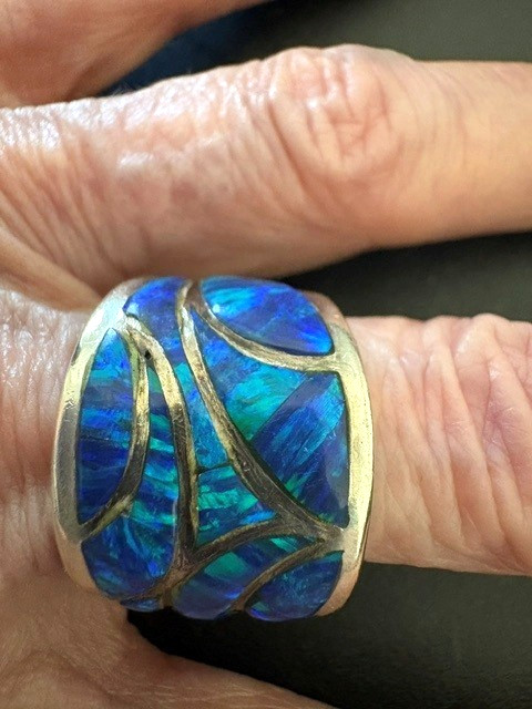 Vintage Sterling Silver 925 Blue Fire Opal Inlay Sz. 8.5 Ring 16mm Wide Signed