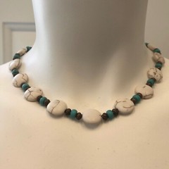 Turquoise and White Magnesite Stone Beaded Necklace Bronze Tone Metal Spacers