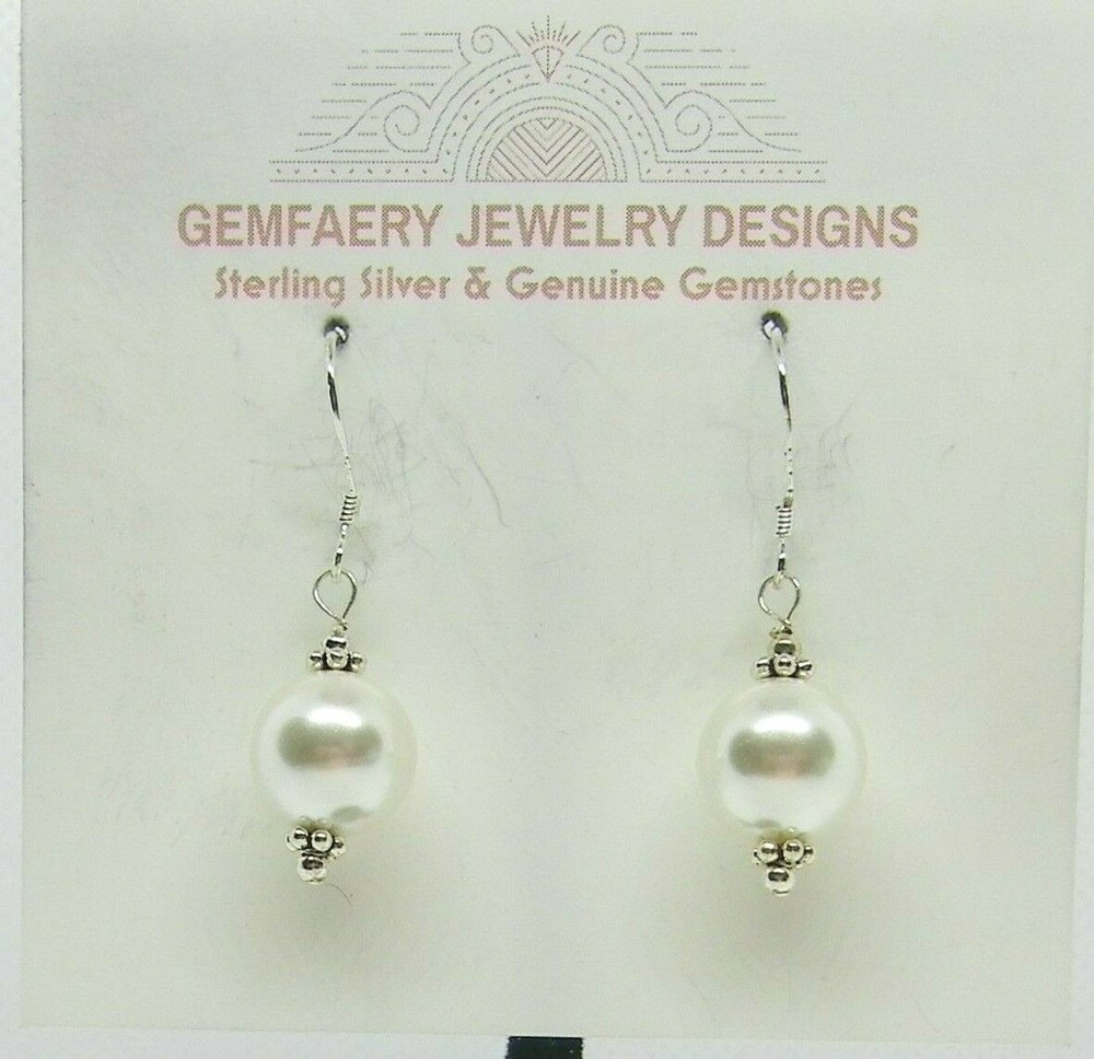 Sterling Silver White SHELL PEARL Gemstone Dangle Earrings #2114…Handmade USA