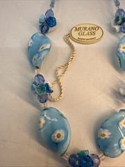 Murano Glass Beaded Necklace Blue Floral Millefiori Italy Statement (Z5)