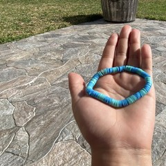 Handcrafted Adjustable Beaded Polymer Clay Bracelet Blue Aqua Turquoise Beach