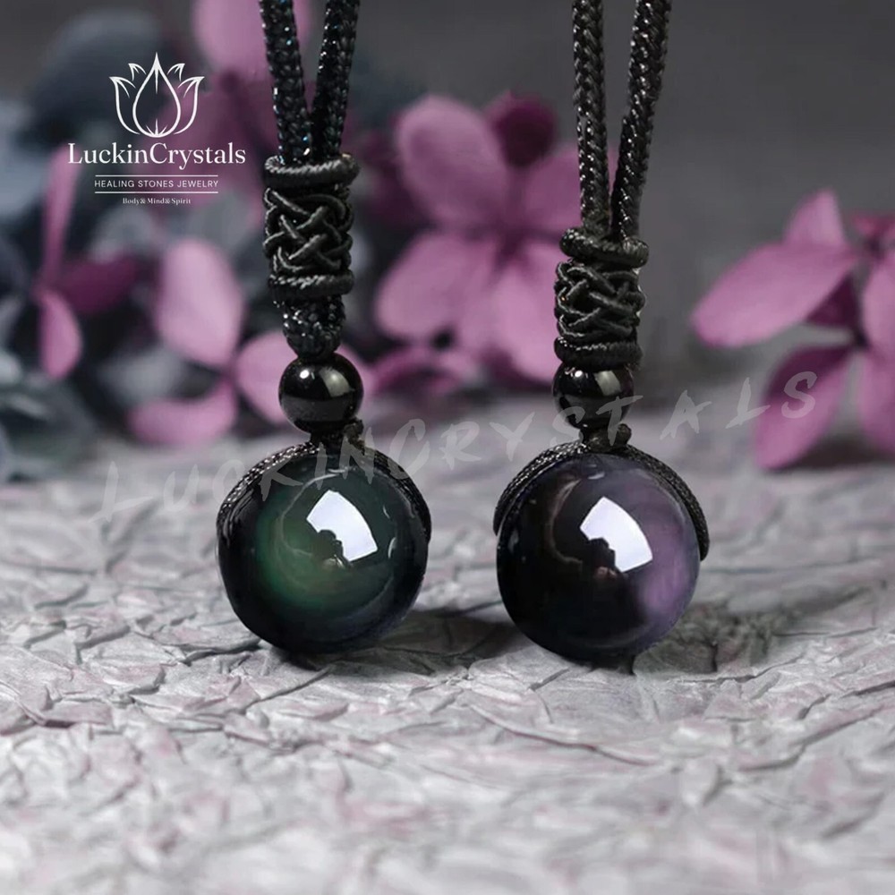 Natural Rainbow Obsidian 16mm Pendant Amulet Healing Reiki Men Women Necklace